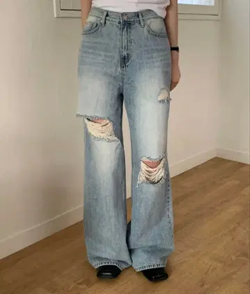 와이드 데미지 데님 팬츠 라이트 블루