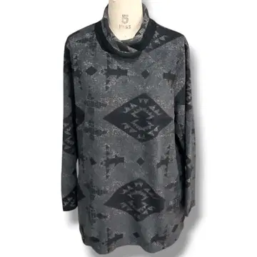 튜닉 그레이 기하학 에스닉 둥근 카라 숄카라 티셔츠