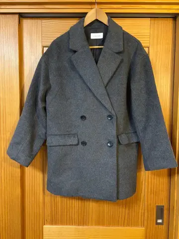 글로벌 워크 그레이 울 혼방 더블 브레스트 피 코트 L