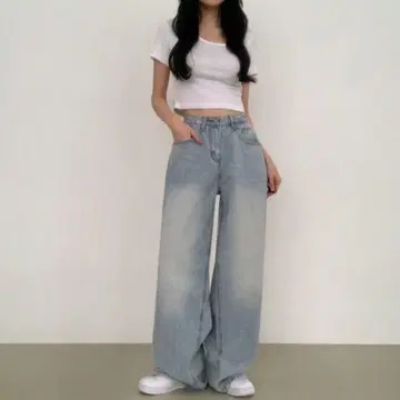 소녀나라 워싱 핀턱 와이드 데님 팬츠