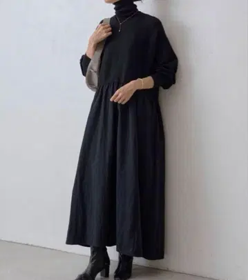 BEARDSLEY 니트 콤비 개더 원피스 블랙 1