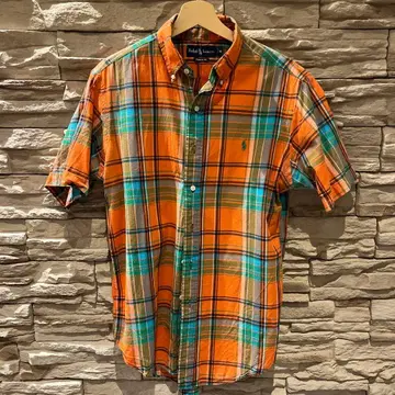 랄프 로렌 오렌지 반팔 셔츠 체크 무늬 M 사이즈