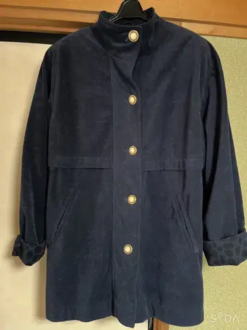 네이비 레오파드 롱 코트 버튼 포함 L 사이즈