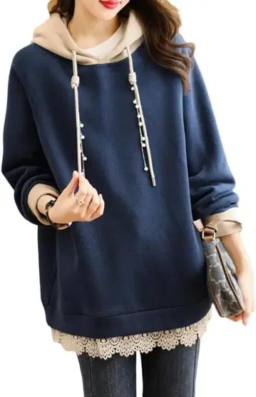 여성용 루즈핏 후드티 레이어드 후드 부착 자수