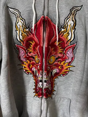 자수 드래곤 헤드 풀 집업 후드티 그레이