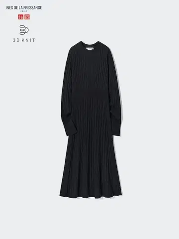 택 포함 새상품 유니클로 이네스 3D 와이드 리브 크루넥 원피스 블랙 M