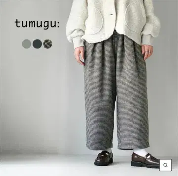 택 포함 새상품! TUMUGU 하운드투스 체크 울 샤기 팬츠