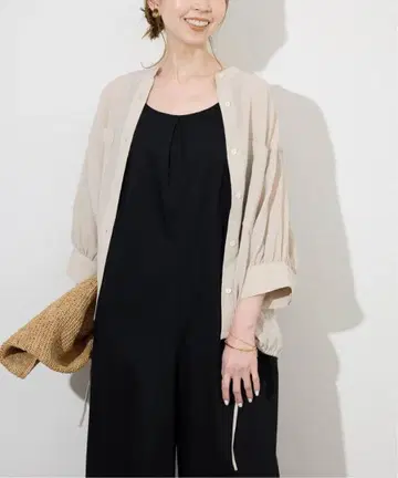 SLOBE IENA 시어 스트라이프 5부 소매 밴드 칼라 블라우스