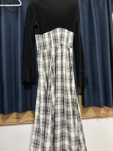 블랙 체크 긴팔 롱 원피스 XL