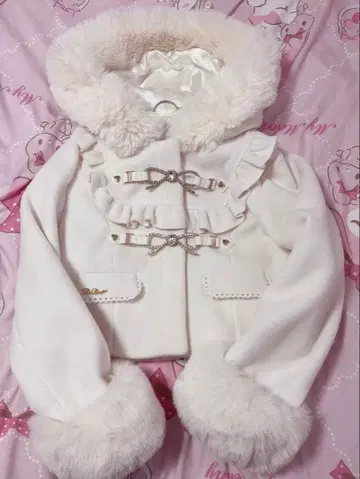 LIZLISA 비쥬 리본 숏 후드 코트 화이트