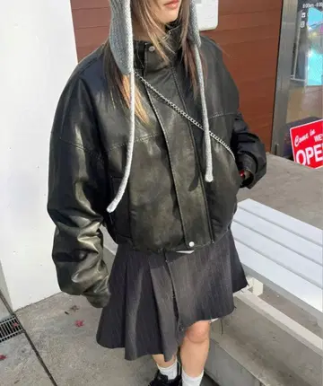 크롭 가죽 자켓 블랙