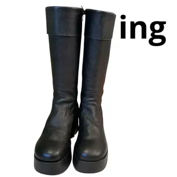 ing 천연 가죽 통굽 롱 부츠 LL 블랙 7cm 힐