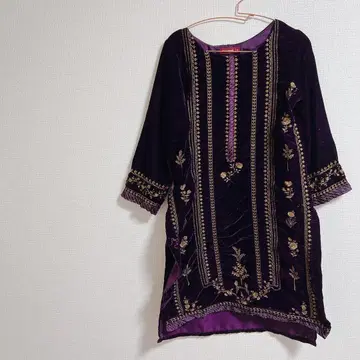 벨로아 자수 원피스 드레스 에스닉 민족 의상풍 퍼플 금