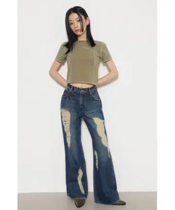 LAGUAGEM 러그아젬 데미지 데님 데님 플레어 팬츠 y2k