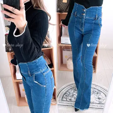 새상품급 로얄 파티 하이웨스트 데님 팬츠 센터 프레스 디자인