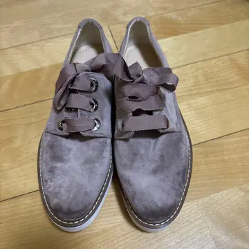 ZARA 그레이 보라색 통굽 스웨이드 신발 리본 끈 39 25cm