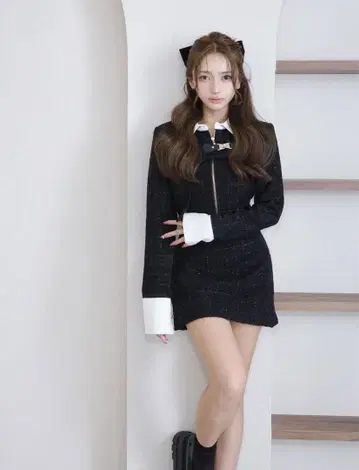 [ 새상품 완판 ] Randy 비대칭 버클 트위드 드레스 블랙 M