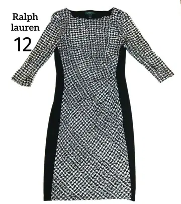 새상품급 랄프 로렌 무릎 기장 원피스 화이트 블랙 체크 7부 소매