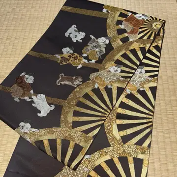 니시진 비단 후쿠로 오비 미재단품 오비노아라타 다크 브라운 바탕 당자유문