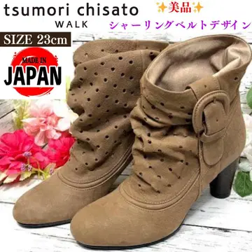 새상품급 츠모리치사토 워크 셔링 벨트 디자인 숏 힐 부츠 천연 가죽