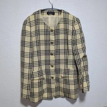 노카라 체크 무늬 자켓 크림색 레트로 버블 골드 버튼