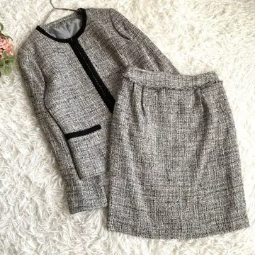컴시즘 여성용 셋업 노카라 자켓 스커트 트위드