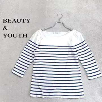 BEAUTY & YOUTH 화이트 x 블루 보더 7부 소매 상의