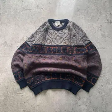 유로 구제 의류 이탈리아제 올 패턴 니트 스웨터 패턴 레트로 퍼플 그레이