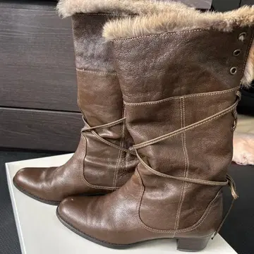 히미코 브라운 가죽 퍼 포함 롱 부츠 박스 포함