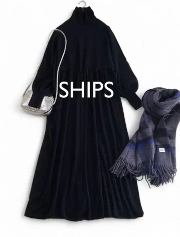 쉽스 최근 모델 실크캐시미어 혼방 니트 플레어 롱 원피스 네이비