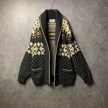 빈티지 가디건 블랙 올 패턴 구제 의류 버튼 두꺼운 원단 더블 포켓
