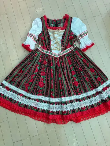 민족 의상풍 빨간색/블랙 플라워 무늬 원피스