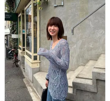 CLANE CROCHET V NECK LONG KNIT TOPS