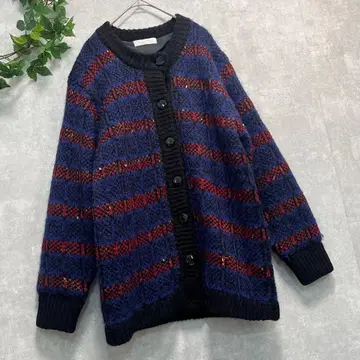 파랑 x 빨간색 계열 두꺼운 원단 레트로 보더 니트 가디건 자켓