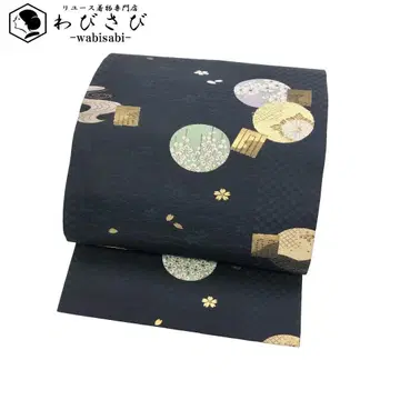 나고야 오비 겐지향, 둥근 꽃 무늬 금실 인도 남색 O-5698