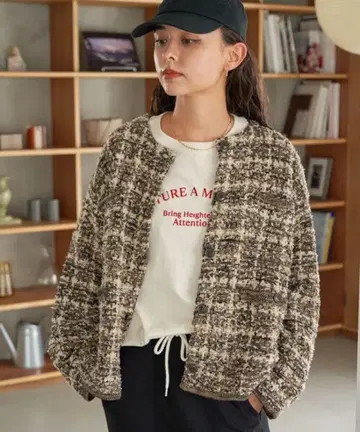 트위드 노카라 자켓 브라운