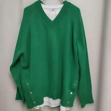 GeeRA V넥 니트 스웨터 그린 화이트 이너 2종 세트