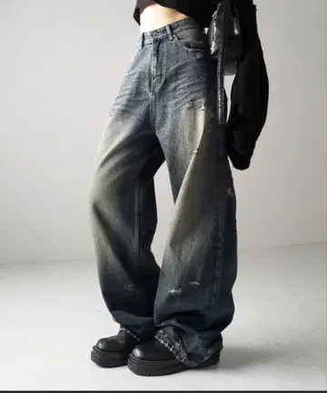 Y2K 빈티지 데미지 와이드 루즈 데님 M