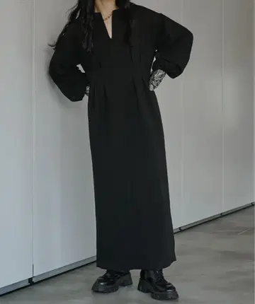 Ezick 블랙 롱 원피스 벌룬 슬리브 V넥