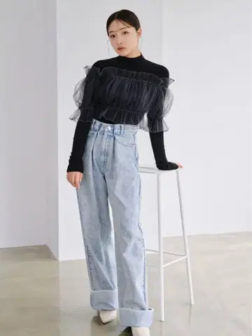 [ 즉시 구매 ok ] SNIDEL 튤 오프숄더 도킹 니트 풀오버