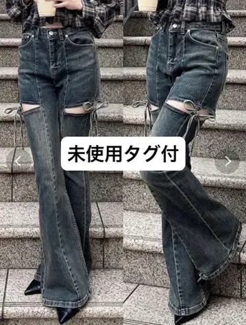 택 포함 RESEXXY 컷 아웃 리본 데님 팬츠 데님 청바지 블루