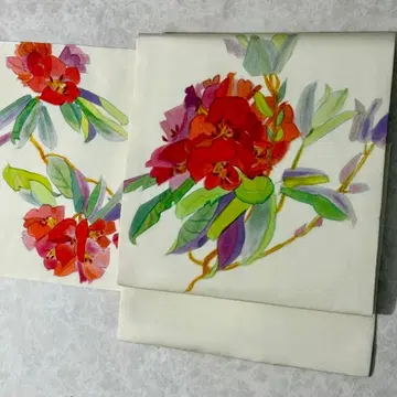 열림 나고야 오비 순수 실크 시오제 수제 염색 화이트 아이보리 꽃