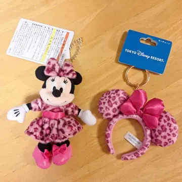 미니 레오파드 무늬 봉제 인형 참과 머리띠 키링 세트