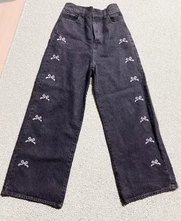 리본 자수 와이드 레그 데님 팬츠 M