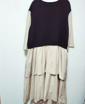 이소재 티어드 원피스 속기모 롱 기장 베이지 블랙