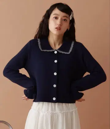 RAGEBLUE 크로셰 칼라 숏 니트 가디건 네이비