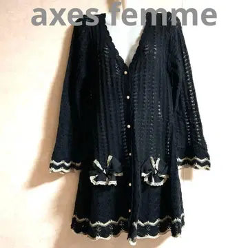 axes femme 블랙 레이스 니트 가디건 빅 리본