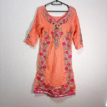 에스닉 오렌지 자수 7부 소매 무릎 기장 원피스