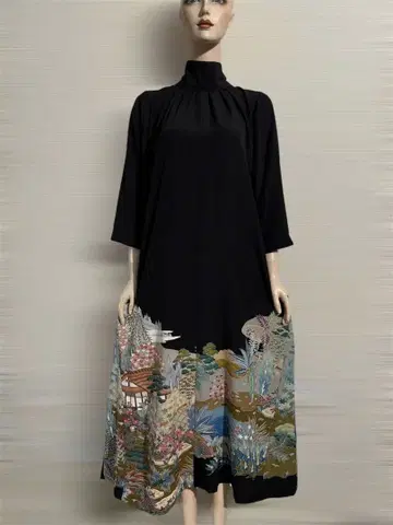 블랙 하이넥 꽃무늬 롱 원피스 순수 실크 11월 중순 발송