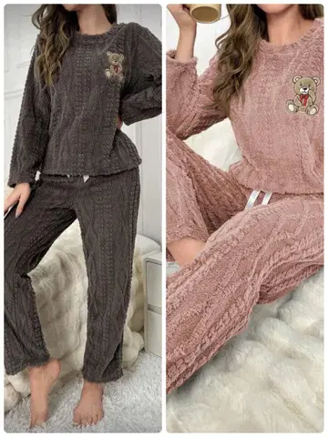 겨울 파자마 상하의 세트 차콜 핑크 브라운 2개 세트 M 사이즈